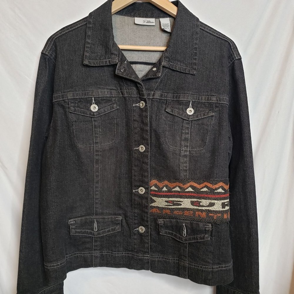 Upcycled Black Denim Jacket Adult Size Large Argentina Panel On Back